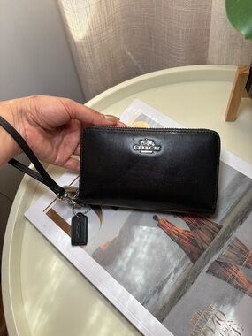 SOLD Coach Black Leather Zip Wristlet with Logo Charm
